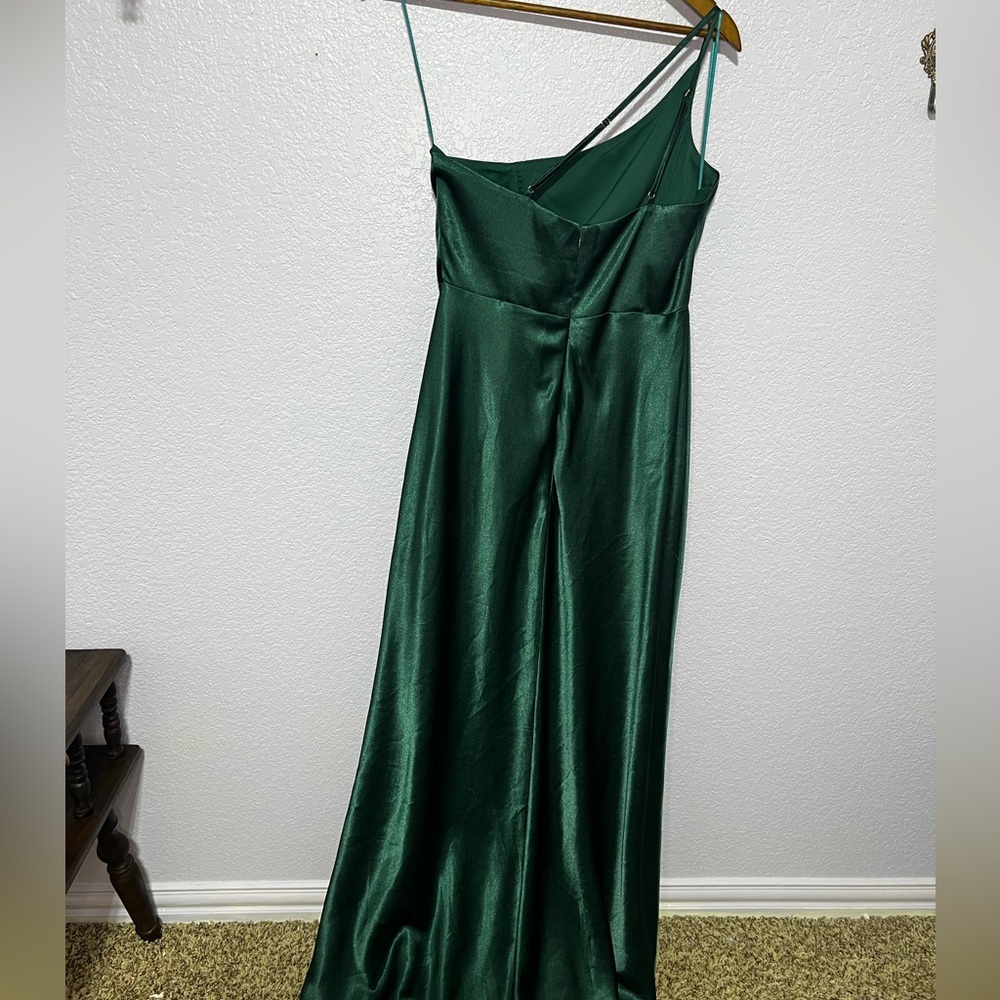 Birdy Grey One-Shoulder Satin Dress in Deep Green - Picture 4 of 6